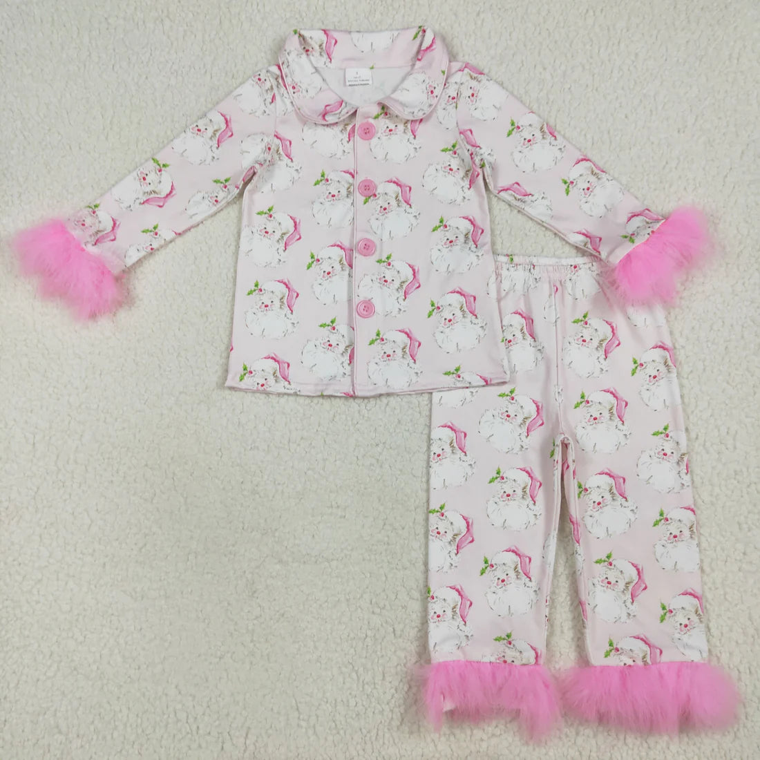 10.2 RTS Sibling Baby Girls Christmas Fur Sleeve Bows Buttons Top Pants Pajamas Sets