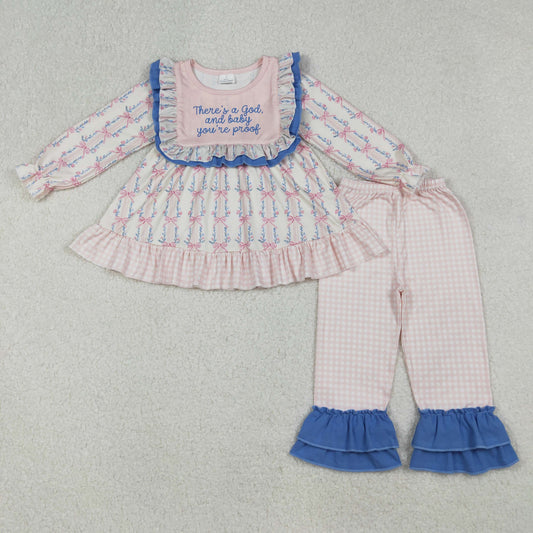 RTS NO MOQ （In stock）GLP2379 Baby Girls Winter Outfits Long Sleeves Pink Floral Stripe Tunic Ruffle Pants Set