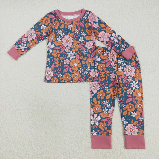 RTS NO MOQ （In stock）GLP2385 Baby Girls Winter Outfits Baby Girls Lavender Long Sleeves Floral Top Pants Pajamas Sets