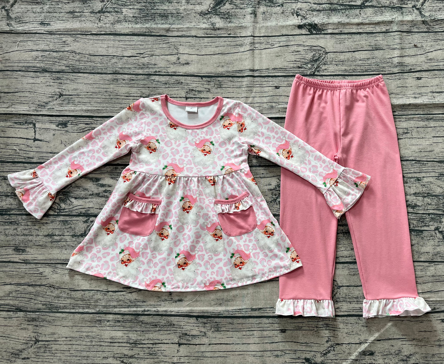 8.16  GLP2389 Sample No Moq Fast Coming Baby Girls Winter Outfits Baby Girls Long Sleeves Pink Leopard Santa Pockets Tunic Ruffle Pant Clothes Set
