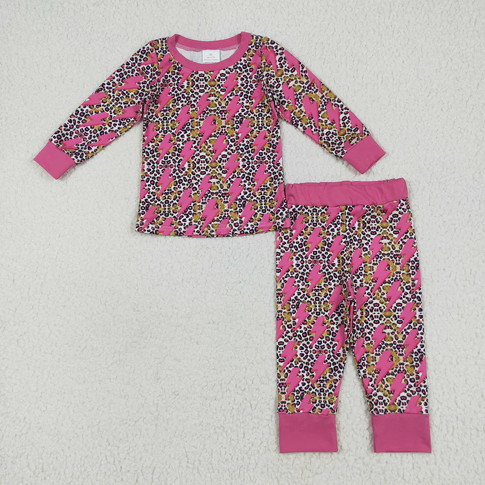 10.2 RTS Sibling Baby Girls Western Pink Lightning Leopard Rompers Pajamas