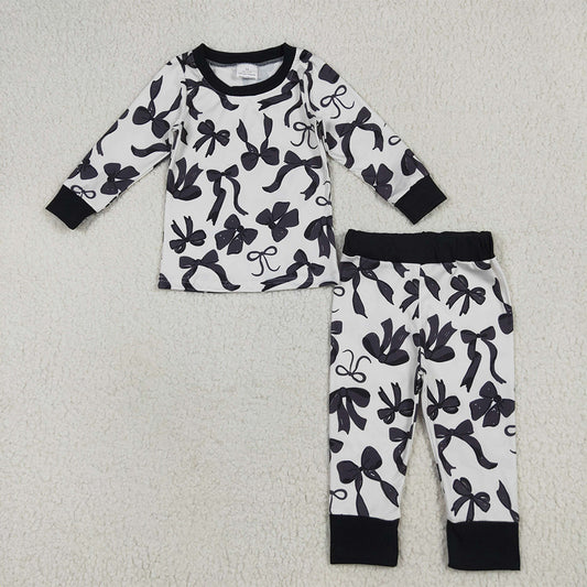 8.18   GLP2395 RTS NO MOQ Baby Girls Winter Outfits Baby Girls Long Sleeves Black Bows Top Pant Pajamas Set