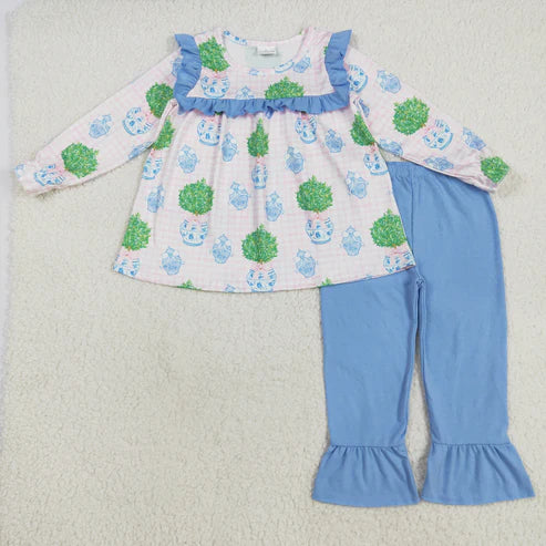 9.17 RTS Sibling Baby Girls Bows Flowers Tunic Leggings Pant Ruffle Sleeves Clothes Sets