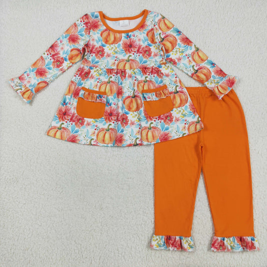 RTS NO MOQ （In stock）GLP2399 Baby Girls Winter Outfits Baby Girls Fall Pumpkins Pockets Tunic Legging Pants Set