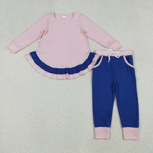 RTS NO MOQ （In stock）GLP2401  Baby Girls Winter Outfits Light Pink Ruffle Shirts Top Pockets Legging Pants Sets