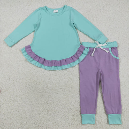 RTS NO MOQ （In stock）GLP2402 Baby Girls Winter Outfits Baby Girls Aqua Long Sleeves Ruffle Top Lavender Pockets Legging Pants Sets