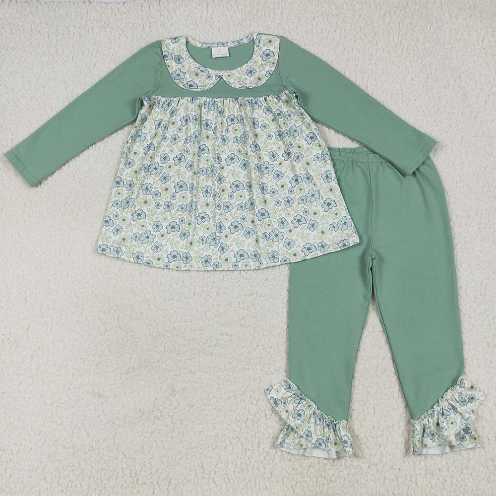 RTS NO MOQ （In stock） GLP2407 Baby Girls Winter Outfits Baby Girls Green Long Sleeves Floral Tunic Ruffle Pants Clothes Sets