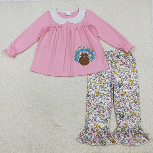 RTS NO MOQ （In stock）GLP2409 Baby Girls Winter Outfits Embroidery Baby Girls Pink Thanksgiving Turkey Tunic Floral Ruffle Pants Sets