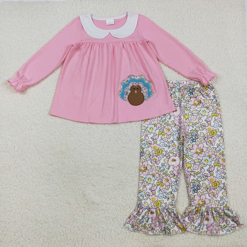 9.19 RTS Sibling Baby Girls Embroidery Turkey Pie Pumpkins Tunic Pants Thanksgiving Clothes Sets