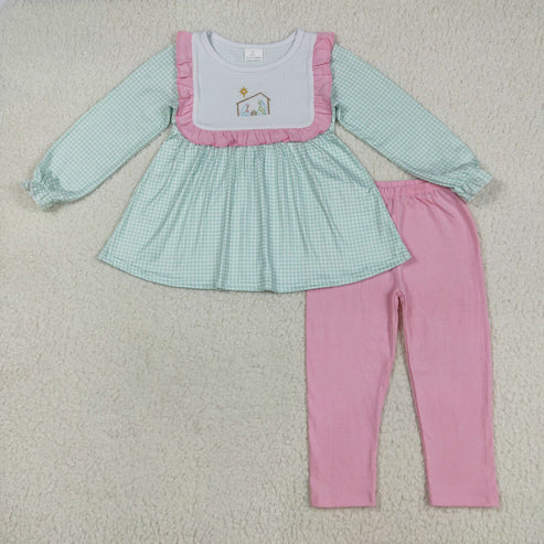 9.19 RTS Sibling Baby Girls Embroidery Santa Nativity Candy Cane Lights Tunic Pants Christmas Clothes Sets