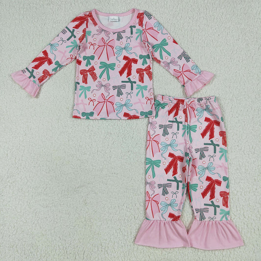 8.18 GLP2413RTS NO MOQ Baby Girls Winter Outfits Baby Girls Pink Long Ruffle Sleeves Colorful Bows Top Pant Pajamas Set