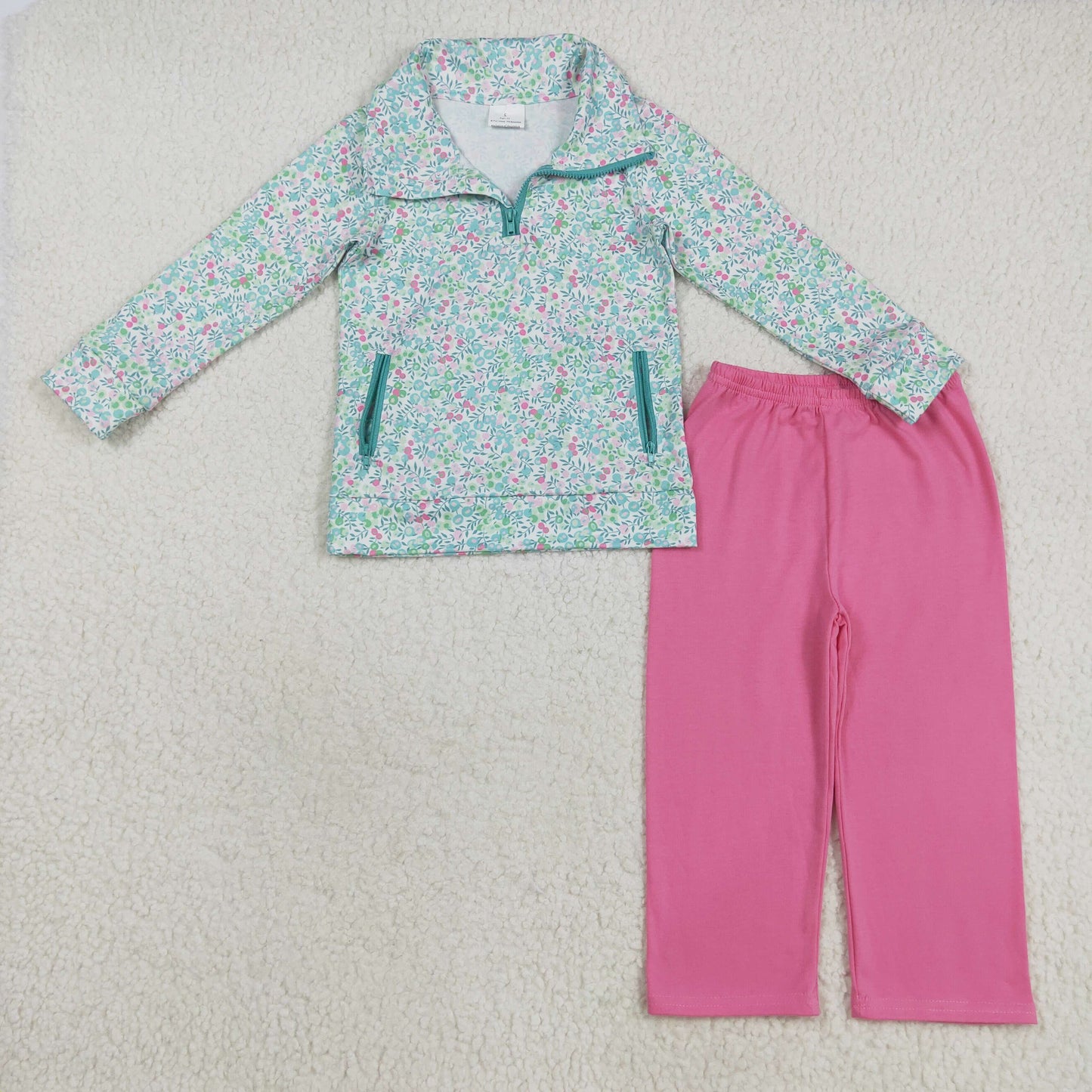 RTS NO MOQ （In stock）GLP2414 Baby Girls Winter Outfits Baby Girls Long Sleeves Green Floral Pockets Zipper Top Pink Pants Sets