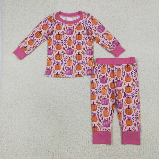 8.15 GLP2415RTS NO MOQ Baby Girls Winter Outfits Baby Girls Long Sleeves Hot Pink Floral Pumpkins Top Pant Pajamas Set