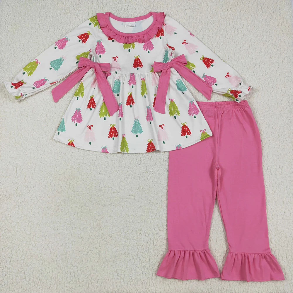 10.2 RTS Sibling Baby Girls Christmas Bows Trees Rompers Outfits Sets