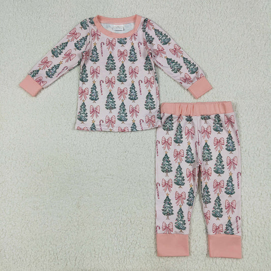 8.14 GLP2423RTS NO MOQ Baby Girls Winter Outfits Baby Girls Pink Long Sleeves Bows Trees Top Pant Pajamas Set