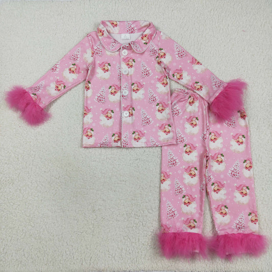 RTS NO MOQ （In stock）GLP2424 Baby Girls Winter Outfits Baby Girls Pink Fur Sleeve Santa Trees Button Top Pant Christmas Pajamas Set