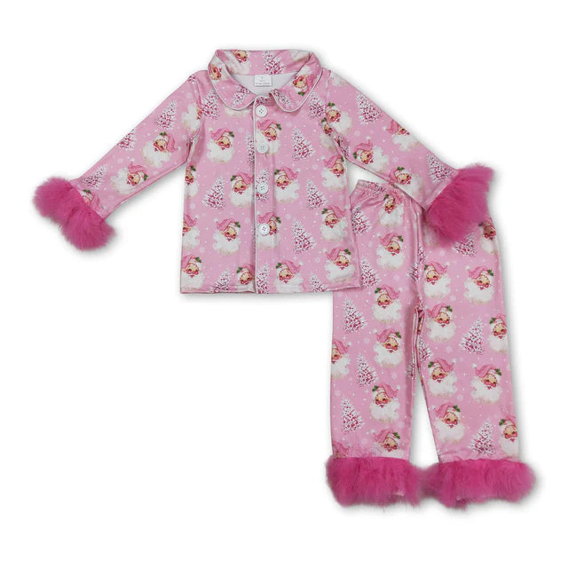 RTS Sibling Baby Girls Sister Christmas Bows Santa Buttons Top Pants Fur Pajamas Clothes Sets