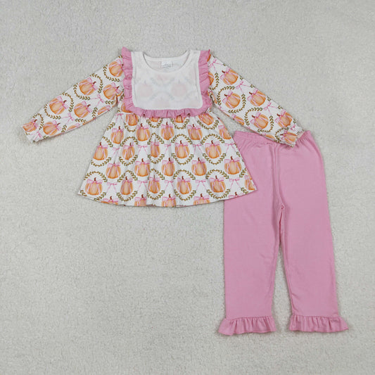 RTS NO MOQ （In stock）GLP2427 Baby Girls Winter Outfits Fall Pumpkins Bows Plaid Tunic Flame Pants Sets