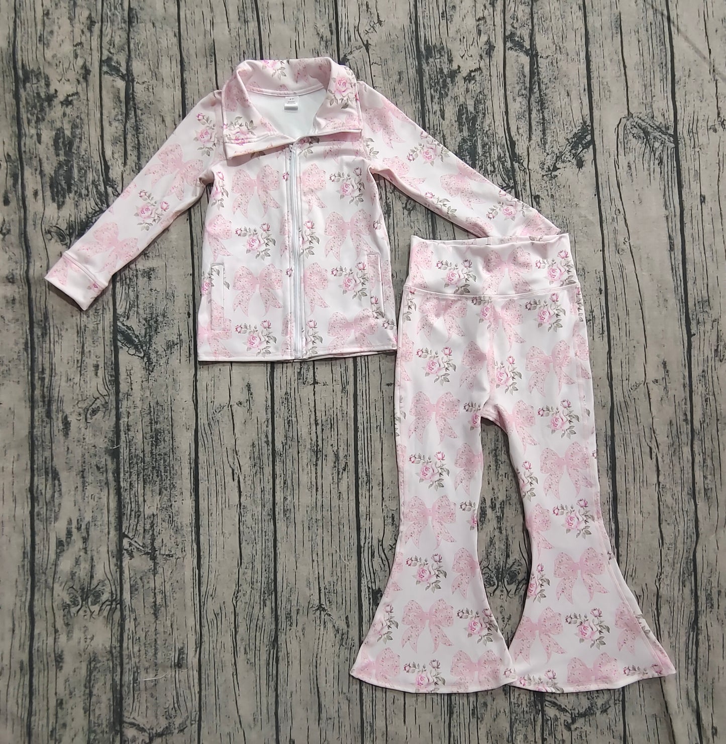 8.14 GLP2429 Sample No Moq Fast Coming Baby Girls Yoga Outfits Baby Girls Pink Floral Bows Pockets Zipper Top Bell Bottom Pant Yoga Set