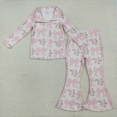 9.24 RTS Sibling Baby Girls Pink Bows Floral Hooded Yoga Pullover Bell Pants Clothes Sets