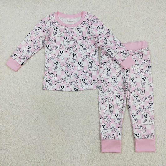 RTS NO MOQ （In stock）GLP2433 Baby Girls Winter Outfits Baby Girls Pink Halloween Ghost BOO Top Pant Pajamas Sets