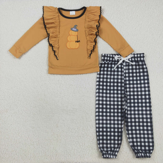 RTS NO MOQ （In stock）GLP2445 Baby Girls Winter Outfits Embroidery Hat Pumpkins Baby Girls Ruffle Shirt Black Plaid Pant Halloween Set