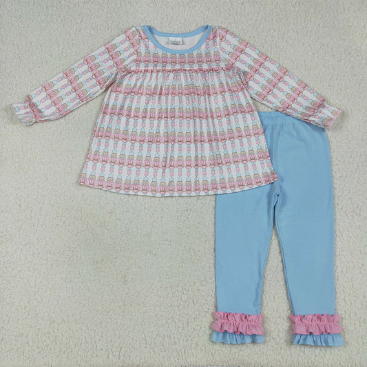 RTS NO MOQ （In stock） GLP2456 Baby Girls Winter Outfits Baby Girls Christmas Soldier Plaid Top Blue Ruffle Pant Sets
