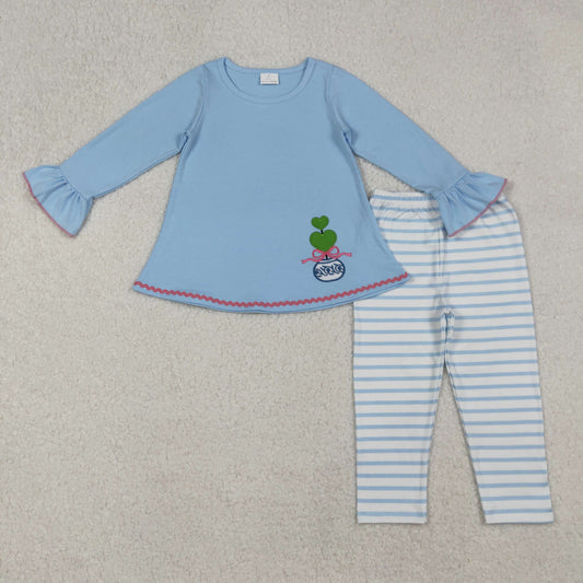RTS NO MOQ （In stock）GLP2465 Baby Girls Winter Outfits Embroidery Bows Plants Blue Tunic Stripe Legging Sets