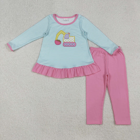 RTS NO MOQ （In stock）GLP2466 Baby Girls Winter Outfits Blue Stripe Long Sleeves Excavator Tunic Pink Legging Pant Set