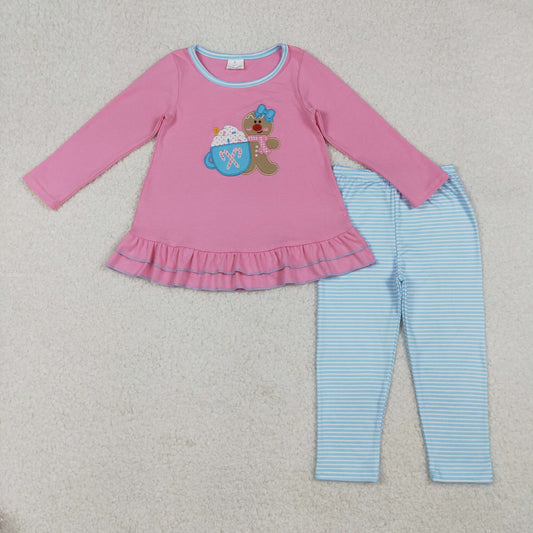 RTS NO MOQ （In stock）GLP2467 Baby Girls Winter Outfits Christmas Gingerbread Tunic Blue Legging Pants Sets