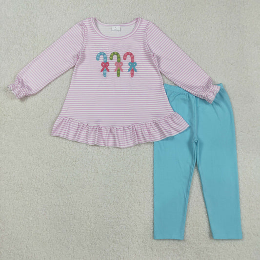 RTS NO MOQ （In stock）GLP2468 Baby Girls Winter Outfits Christmas Pink Stripe Candy Cane Tunic Legging Pants Sets