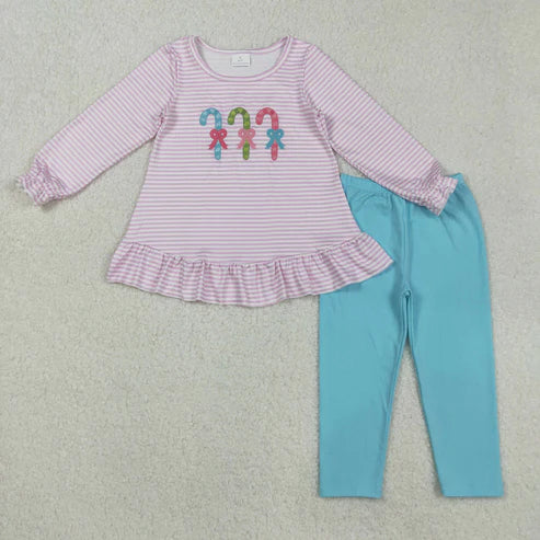 9.19 RTS Sibling Baby Girls Embroidery Santa Nativity Candy Cane Lights Tunic Pants Christmas Clothes Sets