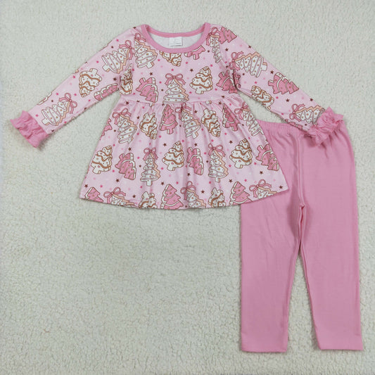 8.21 RTS NO MOQ （In stock）GLP2471 Baby Girls Winter Outfits Baby Girls Pink Christmas Trees Bows Tunic Legging Pant Clothes Set