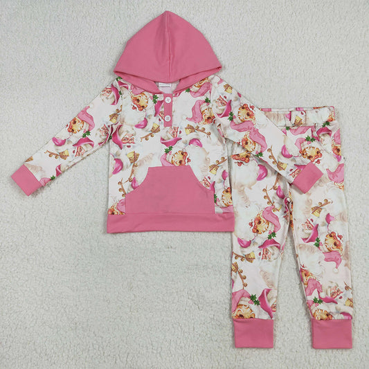 RTS NO MOQ （In stock）GLP2474  Baby Girls Winter Outfits Baby Girls Pink Christmas Santa Button Hoodies Pockets Pant Sets