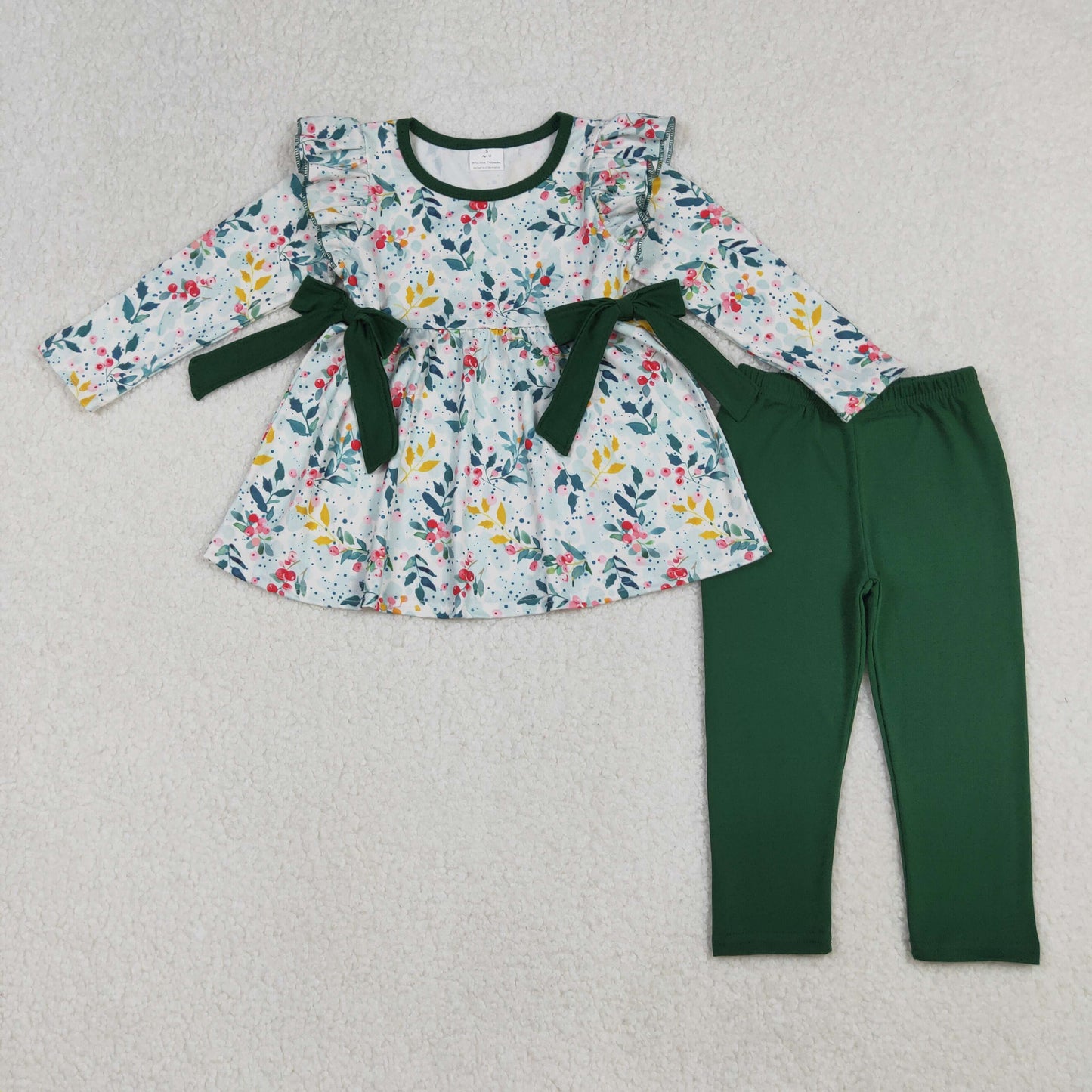 10.10 RTS NO MOQ （In stock）GLP2476 Baby Girls Winter Outfits Baby Girls Green Leaves Bows Tunic Leggings Pants Clothes Sets