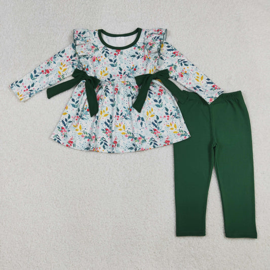 10.10 RTS NO MOQ （In stock）GLP2476 Baby Girls Winter Outfits Baby Girls Green Leaves Bows Tunic Leggings Pants Clothes Sets