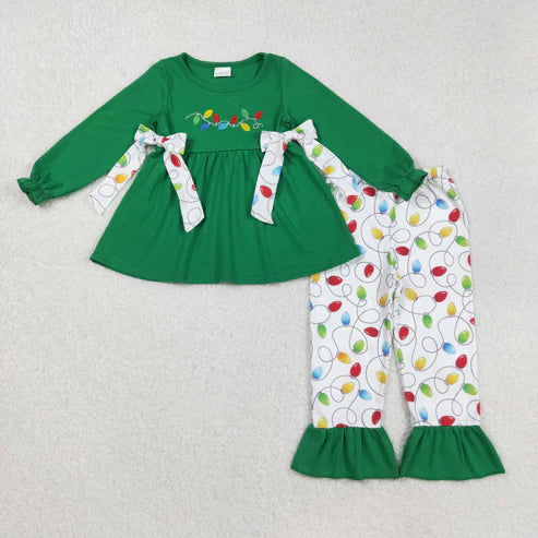 9.19 RTS Sibling Baby Girls Embroidery Santa Nativity Candy Cane Lights Tunic Pants Christmas Clothes Sets