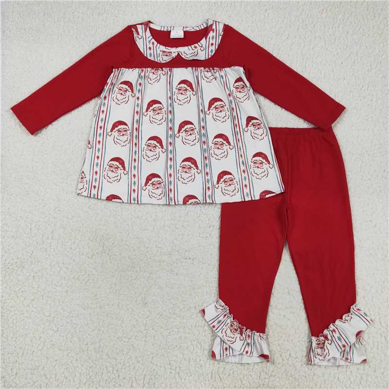 10.1 RTS Sibling Baby Girls Long Ruffle Sleeves Holly Santa Plaid Tunic Pants Christmas Set