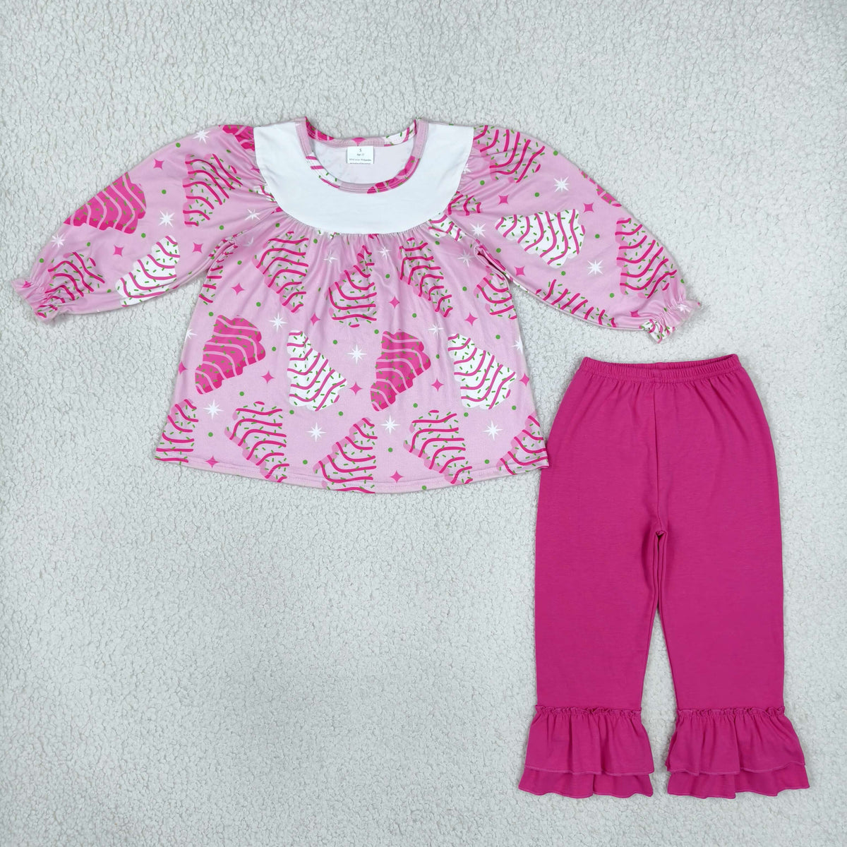 RTS NO MOQ （In stock）GLP2502 Baby Girls Pink Long Sleeves Stripe Trees Tunic Ruffle Pants Christmas Set