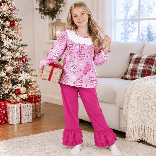 RTS NO MOQ （In stock）GLP2502 Baby Girls Pink Long Sleeves Stripe Trees Tunic Ruffle Pants Christmas Set