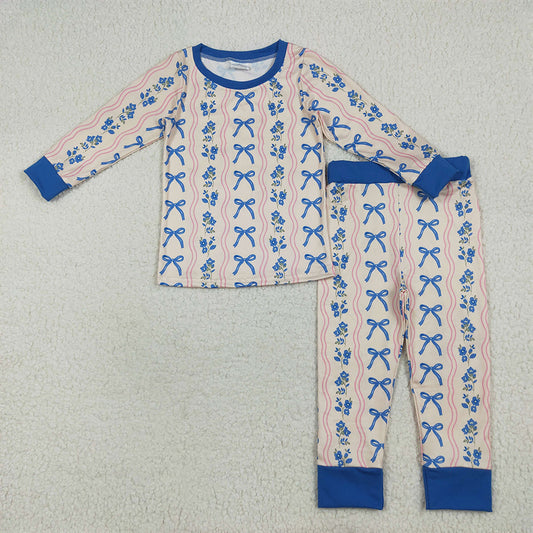 RTS NO MOQ （In stock）GLP2505  Baby Girls Winter Outfits Baby Girls Long Sleeves Blue Bows Flower Stripe Top Pants Pajamas Sets