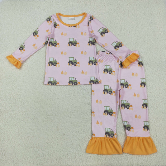 RTS NO MOQ （In stock）GLP2506 Baby Girls Winter Outfits Baby Girls Pink Long Ruffle Sleeves Pumpkins Trucks Top Pant Pajamas Sets