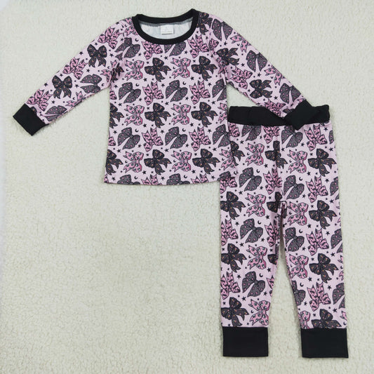 8.22 RTS NO MOQ （In stock）GLP2516 Baby Girls Winter Outfits Baby Girls Long Sleeves Black Pink Bows Stars Top Pant Pajamas Sets