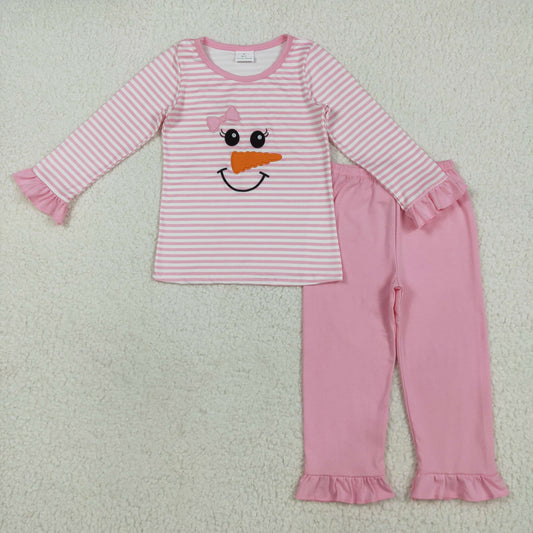RTS NO MOQ （In stock）GLP2520 Baby Girls Winter Outfits Embroidery Baby Girls Christmas Pink Stripe Bow Snowman Top Pants Pajamas