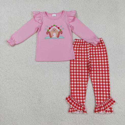 9.24 RTS Sibling Embroidery House Candy Cane Baby Kids Long Sleeves Pants Christmas Clothes Sets