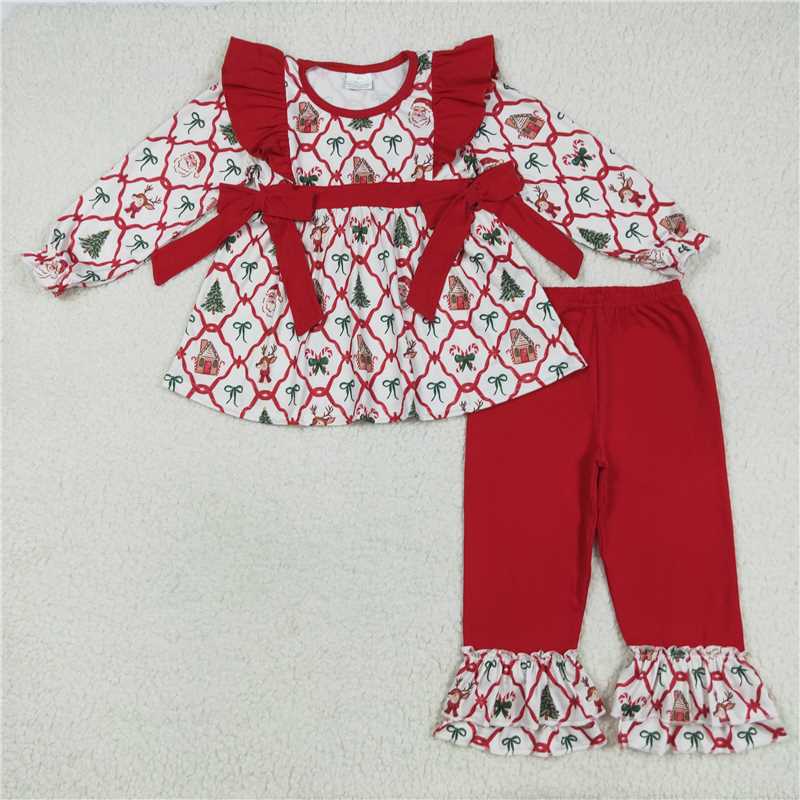 10.1 RTS Sibling Baby Girls Long Ruffle Sleeves Holly Santa Plaid Tunic Pants Christmas Set
