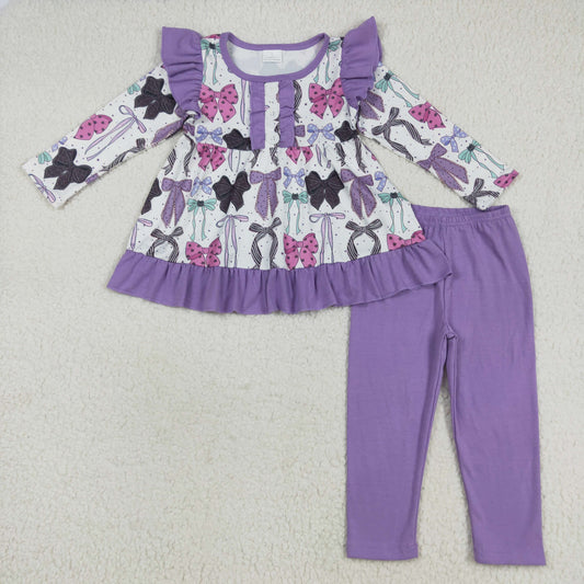 RTS NO MOQ （In stock） GLP2528 Baby Girls Winter Outfits Baby Girls Long Sleeves Purple Bows Button Top Legging Pants Sets