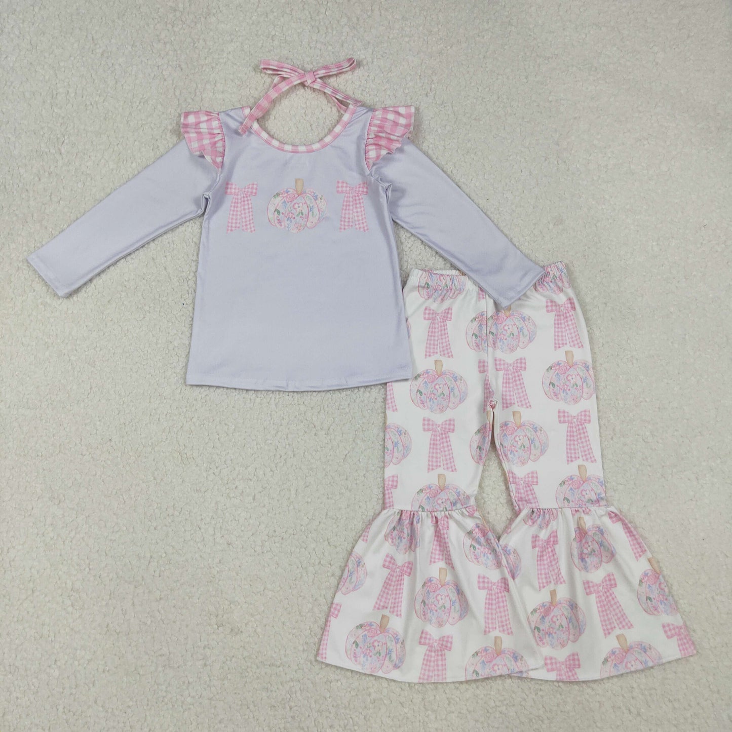 10.10 RTS NO MOQ （In stock）GLP2532 Baby Girls Winter Outfits Baby Girls Long Sleeves Bows Pumpkins Top Bell Bottom Pants Fall Clothes Sets