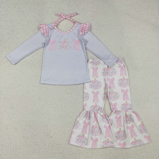 10.10 RTS NO MOQ （In stock）GLP2532 Baby Girls Winter Outfits Baby Girls Long Sleeves Bows Pumpkins Top Bell Bottom Pants Fall Clothes Sets