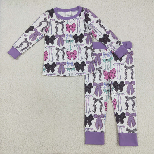 RTS NO MOQ （In stock）GLP2533 Baby Girls Winter Outfits Baby Girls Long Sleeves Colorful Bows Top Pant Pajamas Set